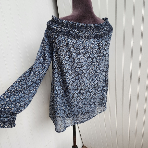 Michael Kors Women’s Blue Gold Off Shoulder Smocked Stretch Semi Sheer Sz L - Picture 7 of 12